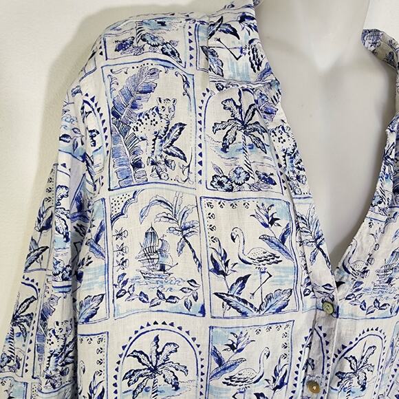 C & C California Linen Shirt Palm Trees Flamingo XL Blue White Coastal Resort - Picture 8 of 11